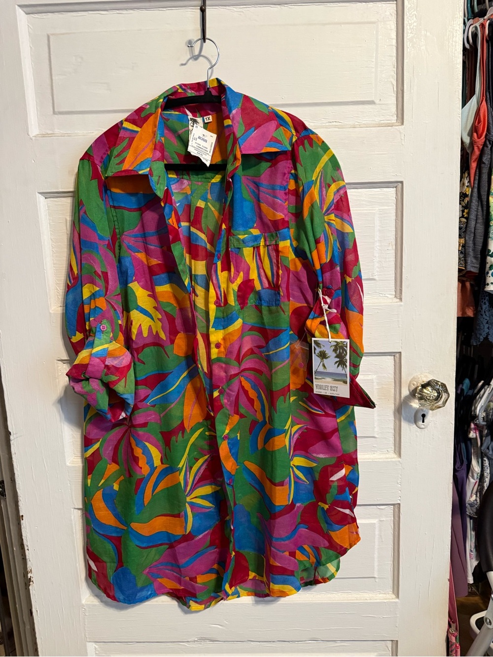 Vibrant Multi-Color Tropical Print Button-Up cover up NWT